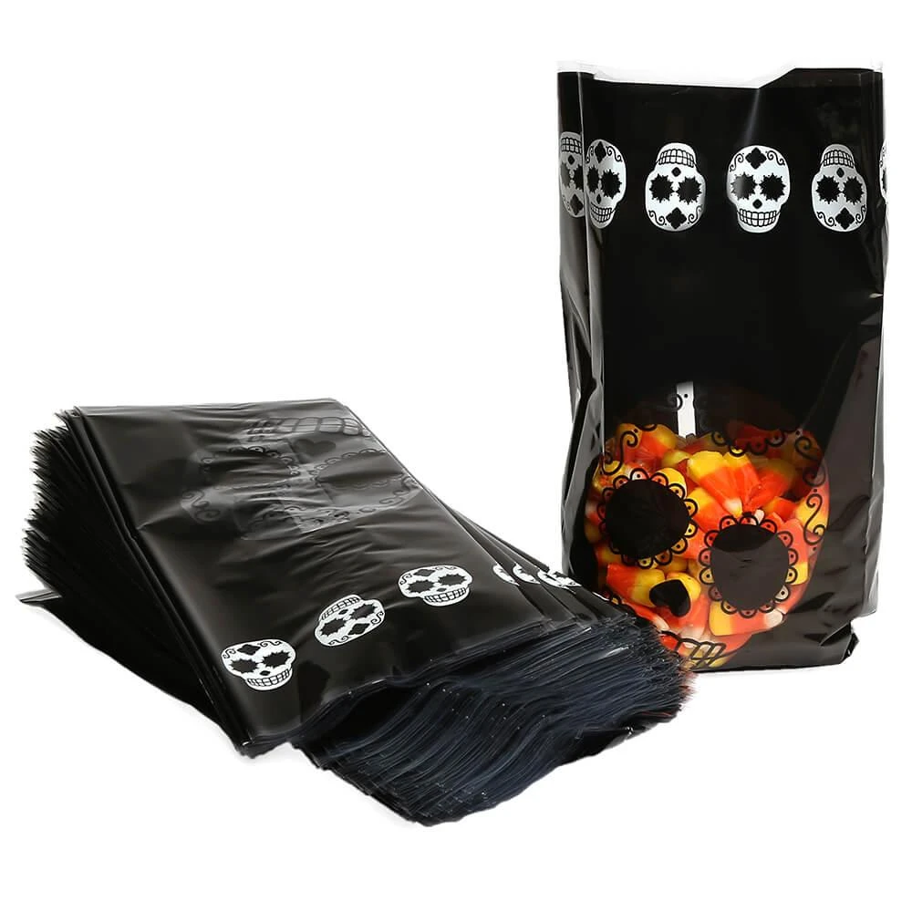 Black Cello Candy Bags With Day Of The Dead Skulls: 100-Piece Box 3 Black Cello Candy Bags With Day Of The Dead Skulls: 100-Piece Box